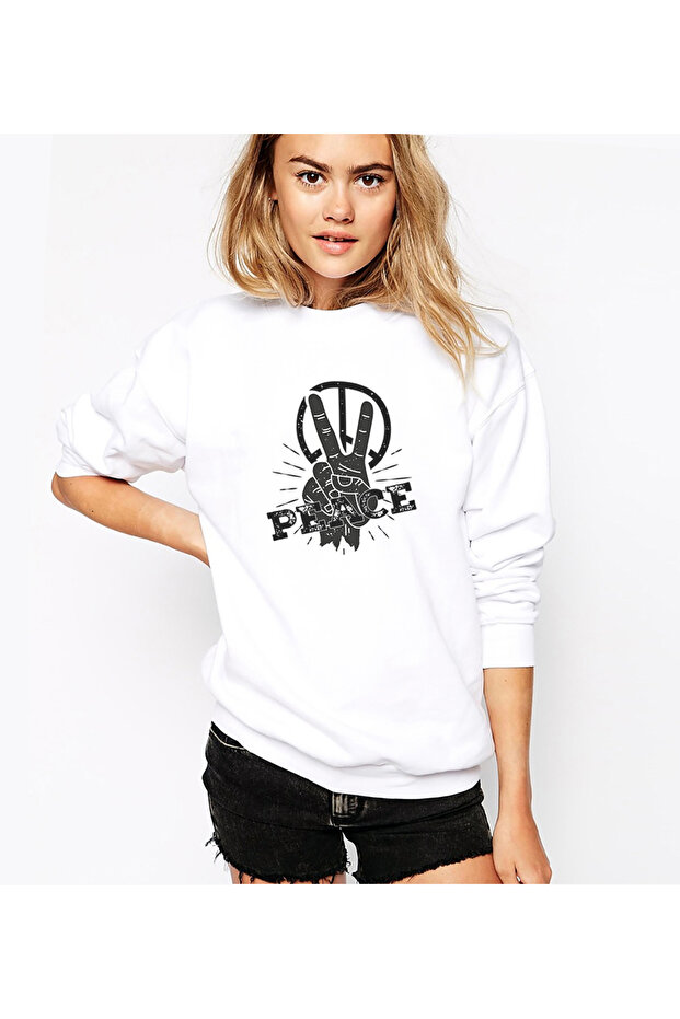 Peace Hand Printed White Women's Knitted Sweatshirt Long Sleeve