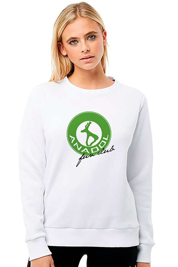 Anadol Fun Club Printed White Women's Knitted Sweatshirt Long Sleeve