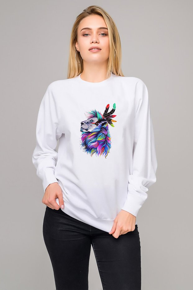 Paper Color Painting Canvas Drawing Lion Printed White Women's Knitted Sweatshirt Long Sleeve