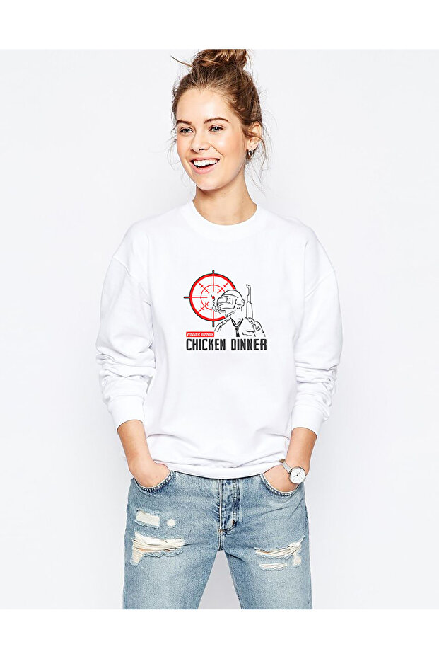 Winner Chicken Printed White Women's Knitted Sweatshirt Long Sleeve