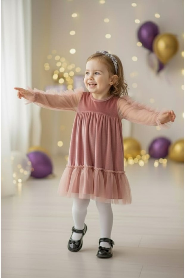 Powder Velvet Long Tulle Sleeve Girl's Dress with Ruffles on the Sleeves and Hem