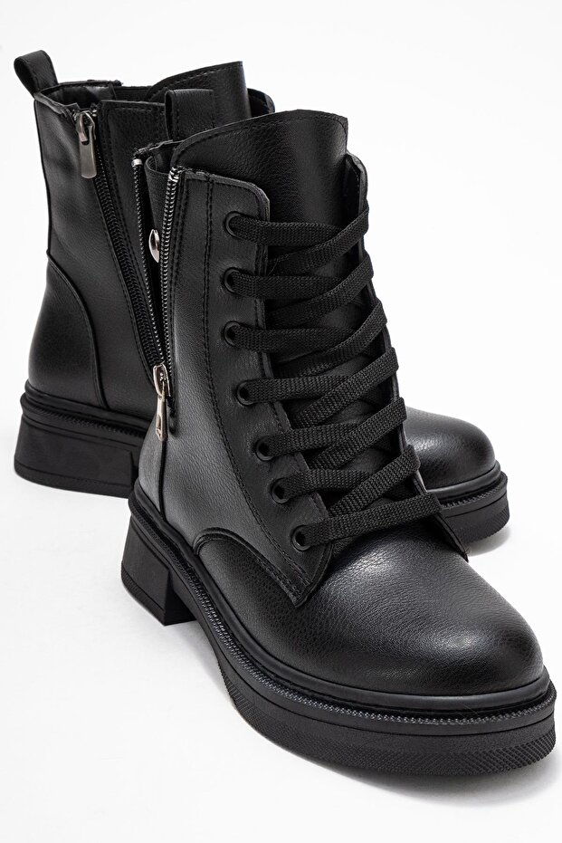 Women's Plain Ornamental Zippered Boots Black Leather
