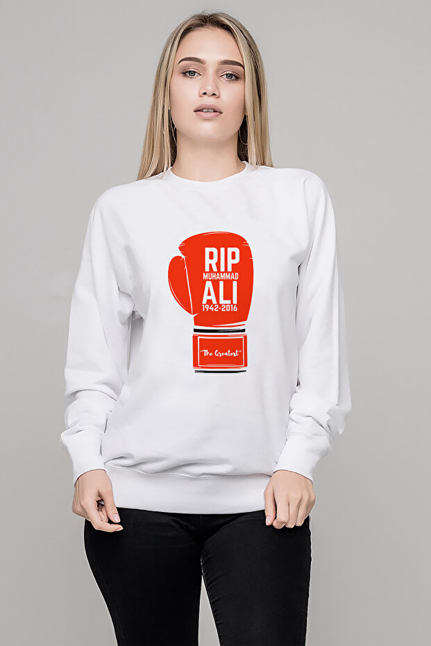 Muhammad Ali Gloves Printed White Women's Knitted Sweatshirt Long Sleeve