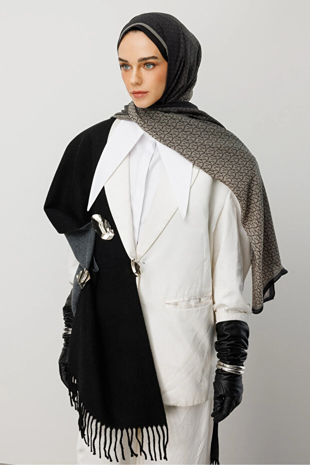 Siyah Monogram Hebei İpek Şal - 6