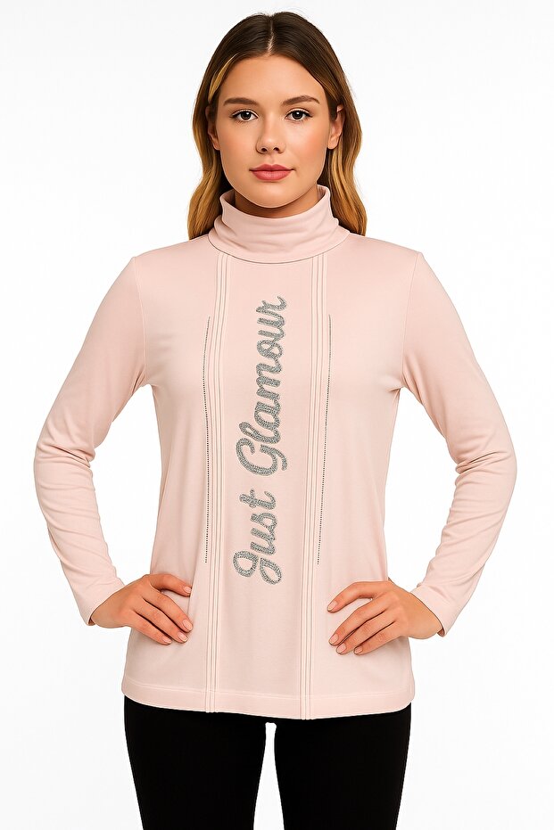 Women's Plus Size Pink, Turtleneck, Front Print and Rib Stitching Detail Blouse 65N39242