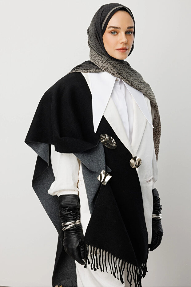 Siyah Monogram Hebei İpek Şal - 4