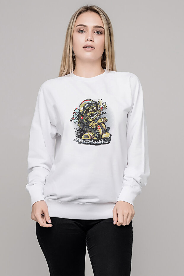 Scooter Smoker Printed White Women's Knitted Sweatshirt Long Sleeve