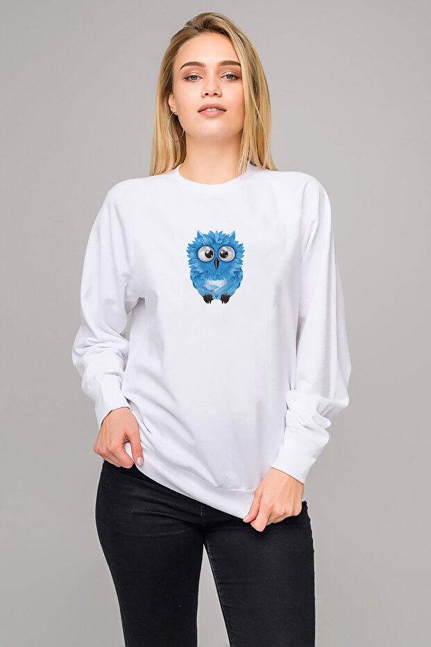 Cute Blue Owl Printed White Women's Knitted Sweatshirt Long Sleeve