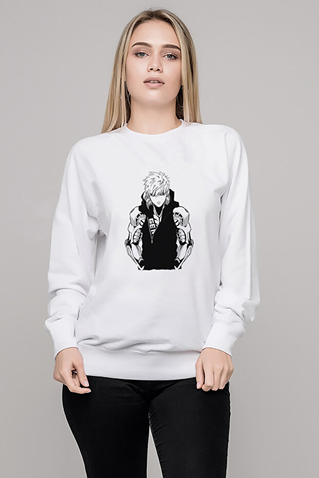 Anime One Punch Man Printed White Women's Knitted Sweatshirt Long Sleeve