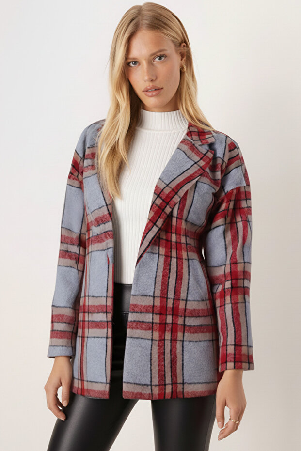 Women's Gray Melange Men's Collar Side Slit Oversized Jacket Arm-26K001009