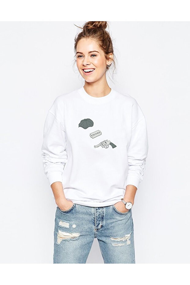 Peaky Blinders Hat & Razor Blade & Gun Printed White Women's Knitted Sweatshirt Long Sleeve