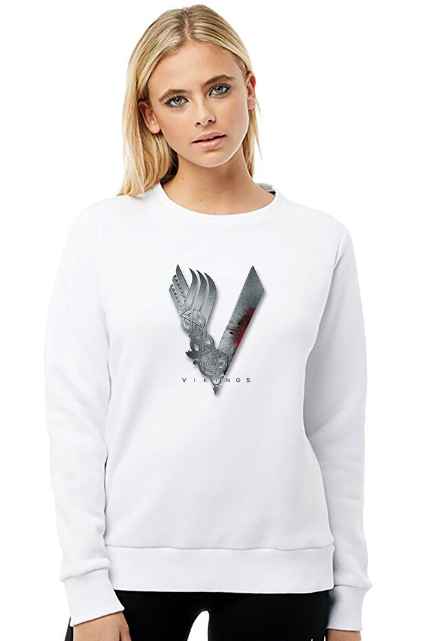 Vikings Emblem Logo Printed White Women's Knitted Sweatshirt Long Sleeve