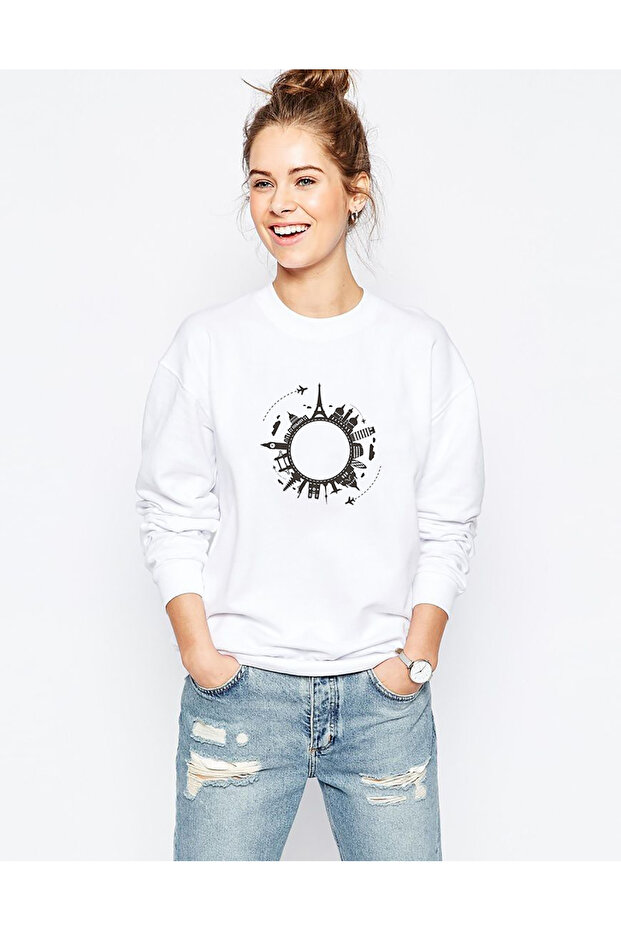 Silhouette Travel Globalization 2 Printed White Women's Knitted Sweatshirt Long Sleeve