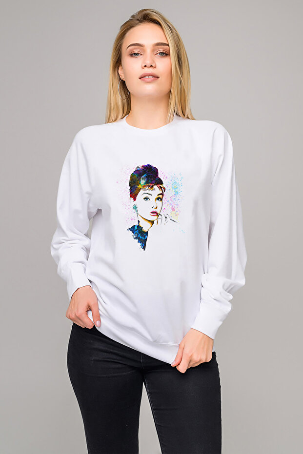 Audrey Hepburn Audrey Hepburn Printed White Women's Knitted Sweatshirt Long Sleeve