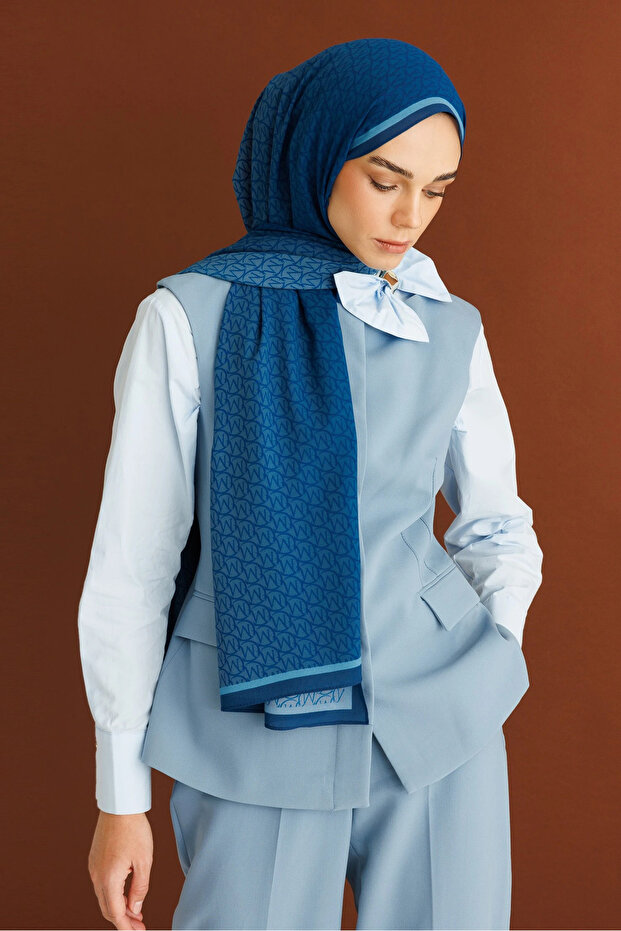 Indigo Monogram Hebei İpek Şal - 8