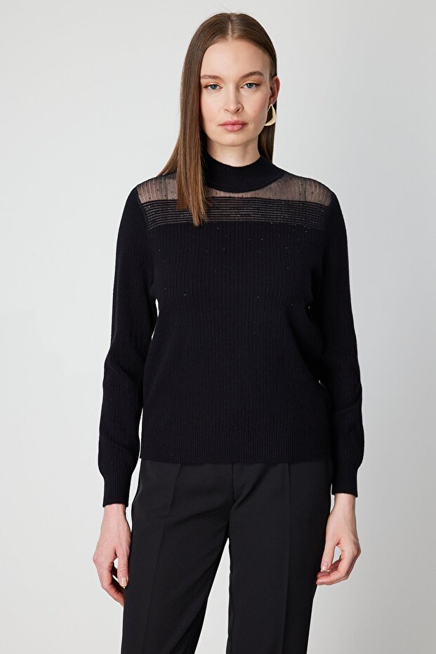 Tulle Detailed Collar Stone Trim Knit Sweater 60343-26K