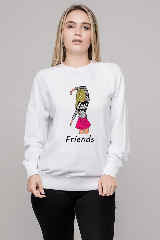 Friends Heart Girls Friends Printed White Women's Knitted Sweatshirt Long Sleeve