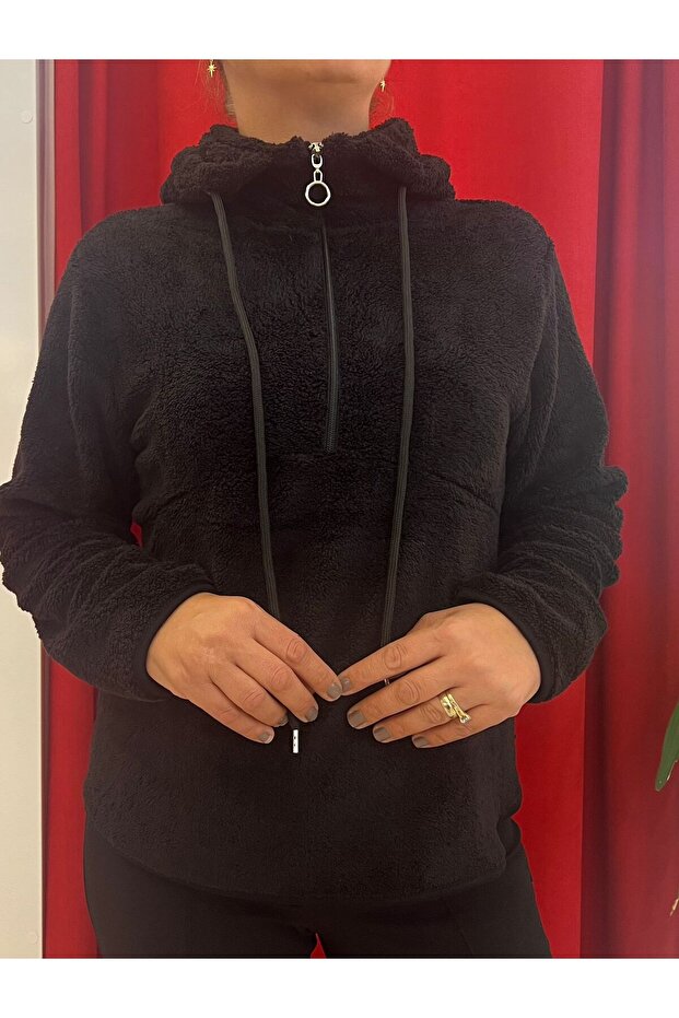 KAPŞONLU YARIM FERMUAR PELUŞ SWEAT - 2