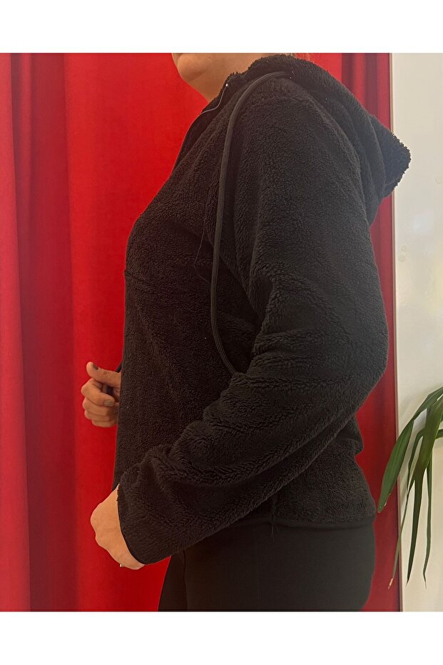 KAPŞONLU YARIM FERMUAR PELUŞ SWEAT - 4