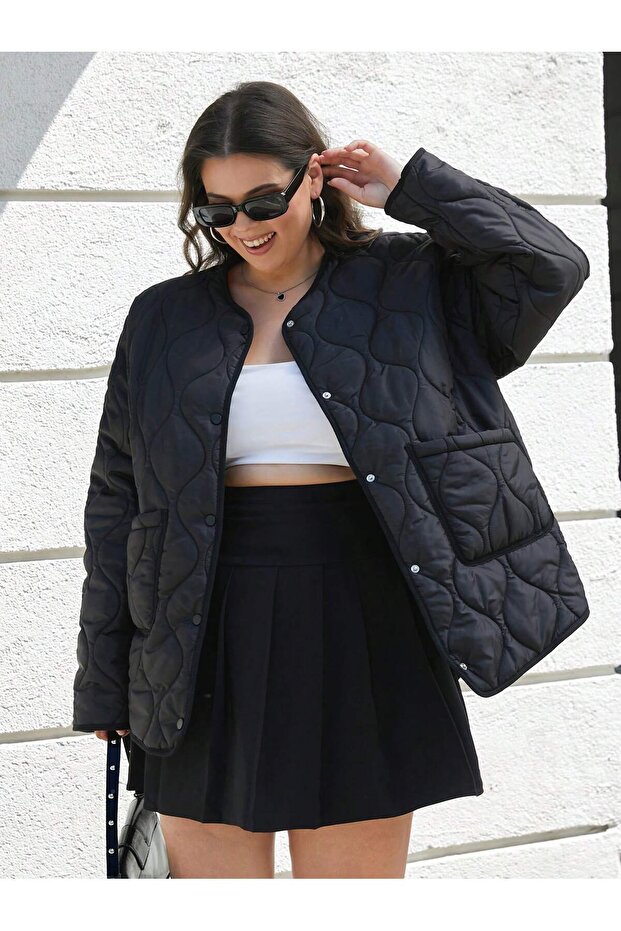 Black Quilted Plus Size Round Neck Oversized Women’s Jacket