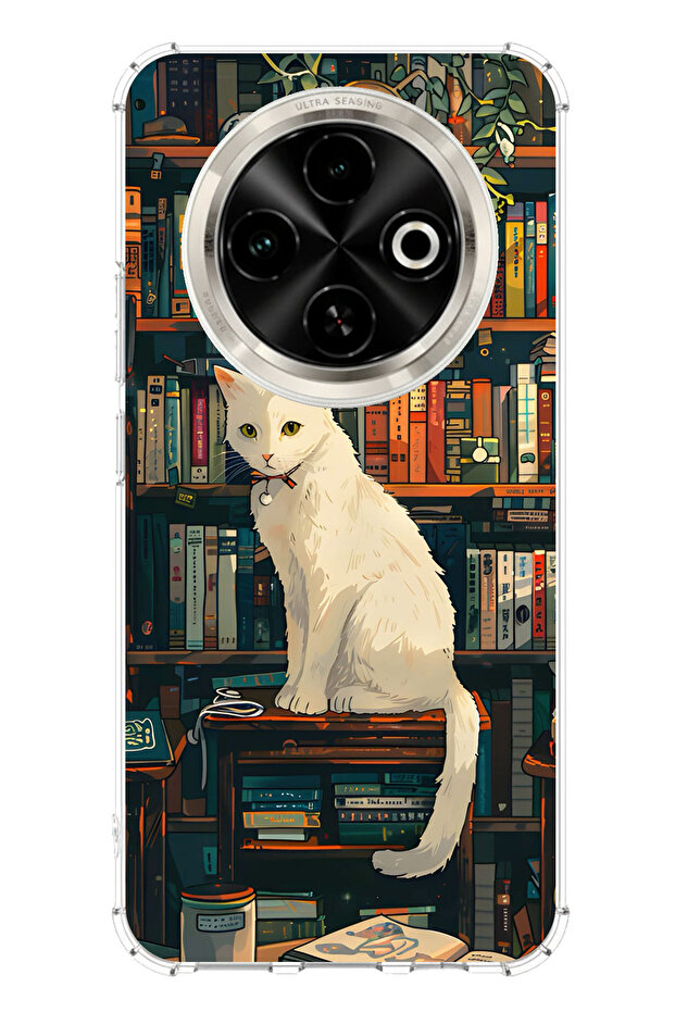 Printed Silicone Case with Book Stand White Cat Design Compatible with Tecno Spark 30C - 1