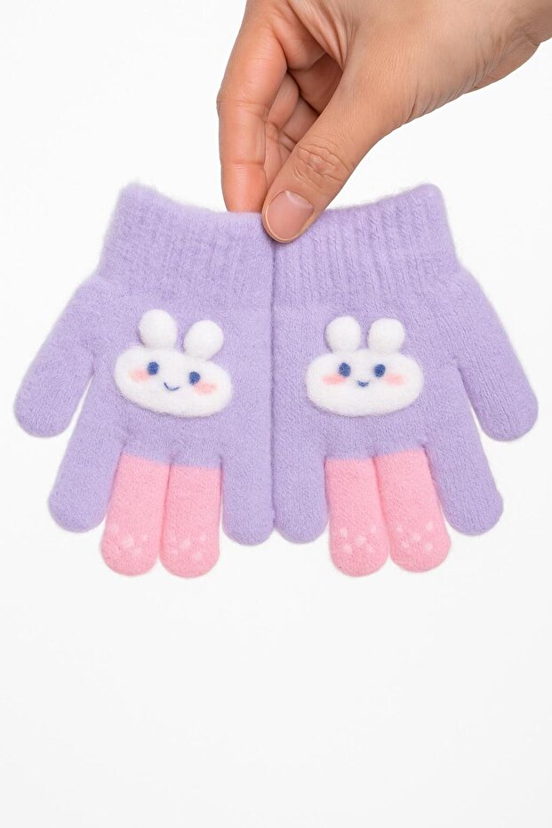 Girl Child Soft Plush Gloves 4-8 Years Old with Rabbit Figure