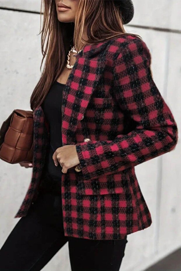 Buttoned Plaid Pattern Stylish Blazer Jacket - 1