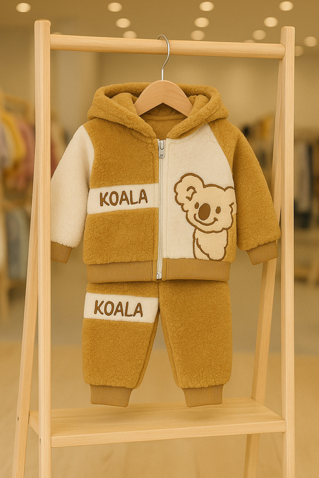 Koala Embroidery Detailed Plush Children's Suit with Pockets