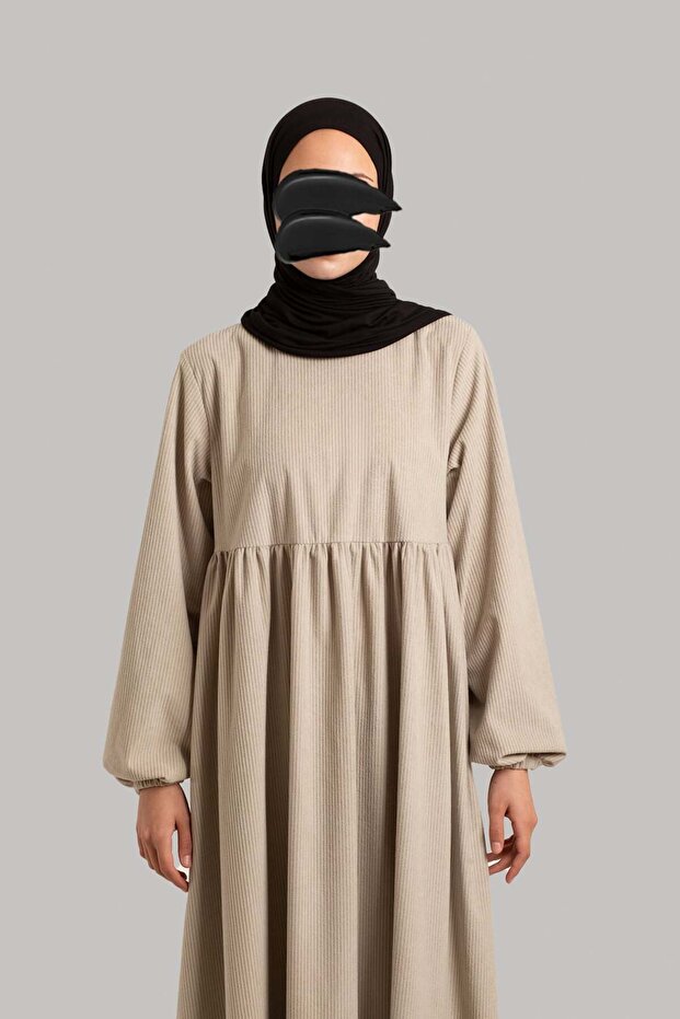 Kadife Elbise - Bej - 6