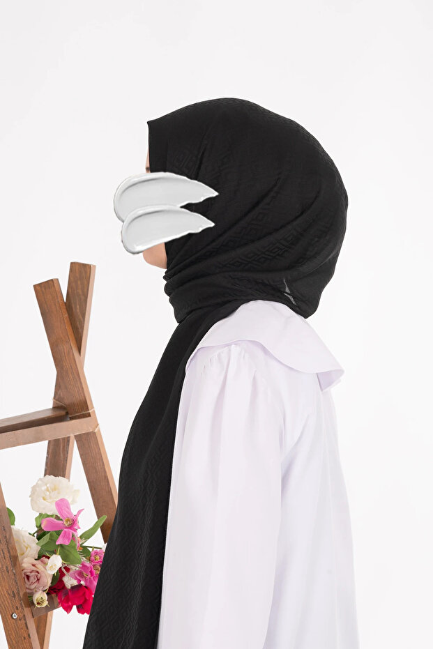 Square Pattern Jacquard Shawl - Black - 5