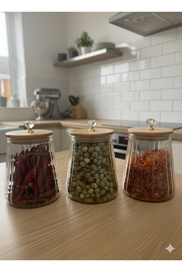 Borosilicate Glass Crystal Figured Stylish Striped Chef Prime Glass Jar Kitchen Set 3 Pieces 750 ml