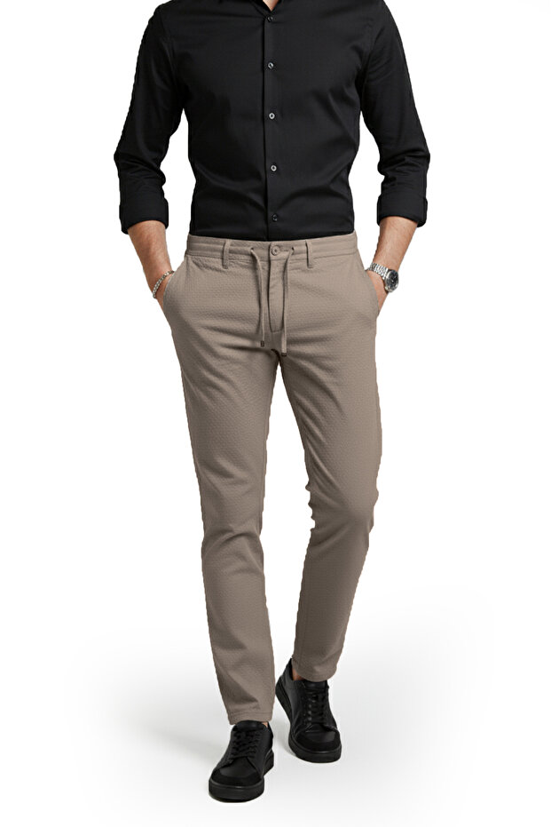 Men's Beige Stretch Fabric Seersucker Fabric Elastic Waist Drawstring S Slim Fit Casual Trousers 2600650