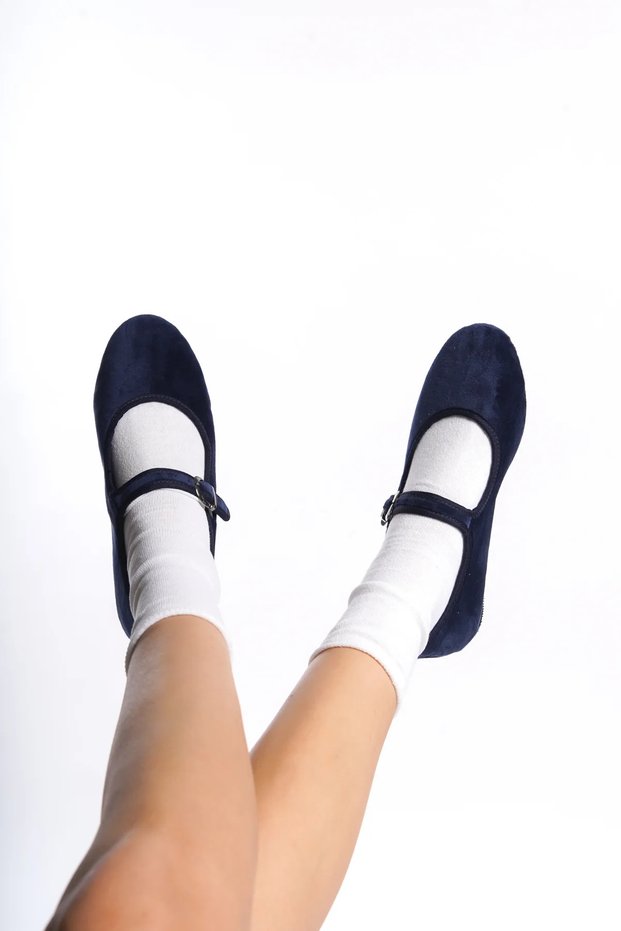 Women's Navy Blue Velvet Mary Jane Ballerina Flats