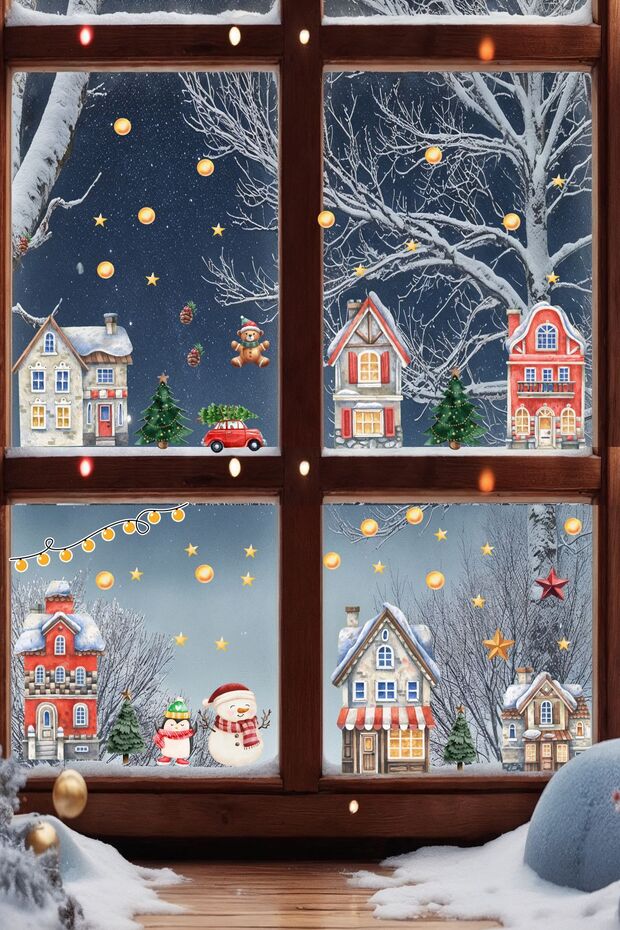 New Year Snowy City New Year Children's Baby Room Sticker Set, New Year Wall Glass Sticker Set
