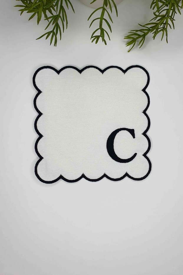 Letter C Black Embroidered Monogram Patch Fabric Cocktail Napkin 1 Piece