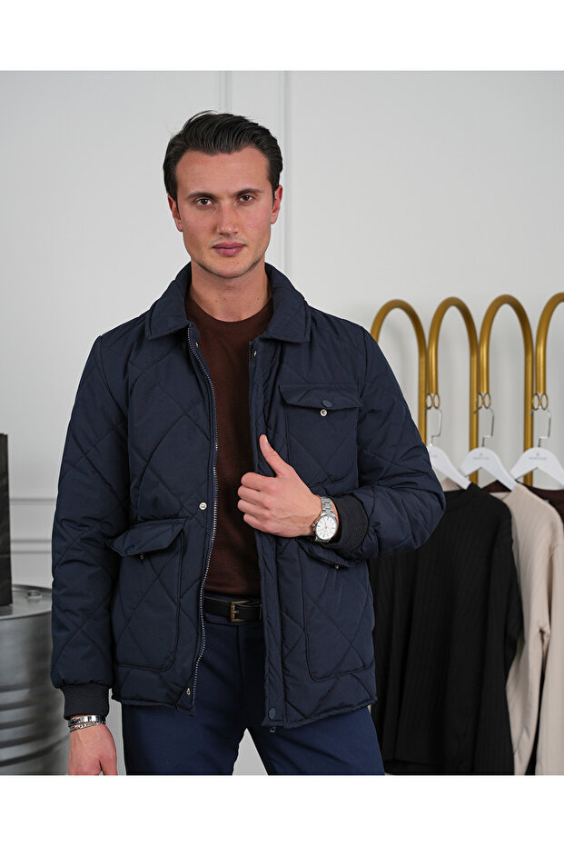 Men's Navy Blue Slim Fit Diamond Pattern Pocket Filling Fiber Coat
