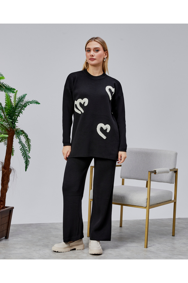 Women's Heart Screen Printing Pearl Embroidery Detail Knitwear Sweater Pants Two-Piece Set