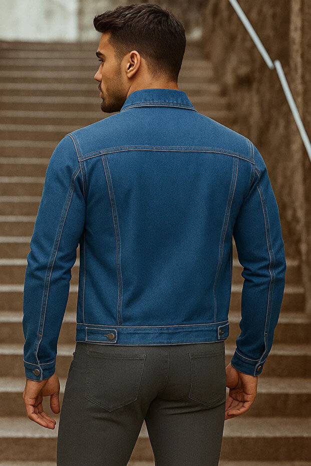 Men's Transitional Basic Daily Trend Dark Blue Denim Jacket - 5