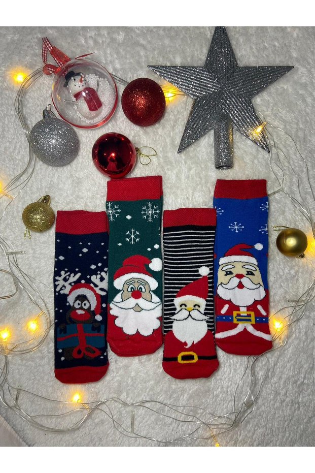 Christmas Themed 4-Piece Towel Socks for 7-8 Year Old Girls/Boys