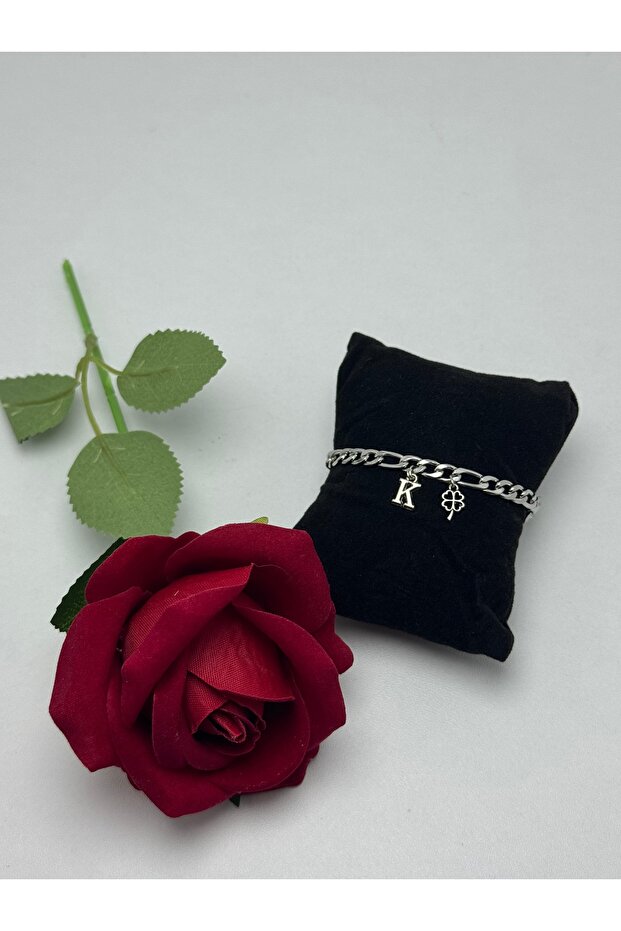 Steel Letter and Clover Detailed Bracelet Christmas Gift with Non-Fading Rose