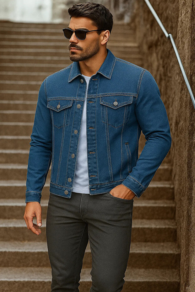 Men's Transitional Basic Daily Trend Dark Blue Denim Jacket - 3