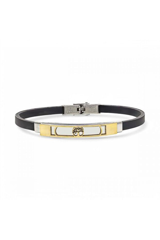 Men's Tree of Life Pattern Silicone Cord Steel Bracelet