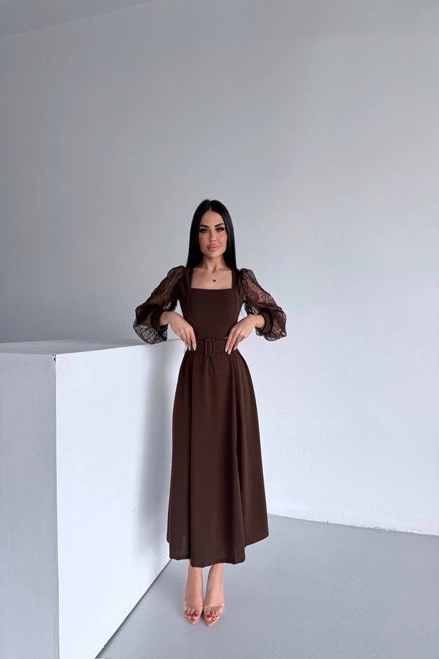 Square Neckline Sleeves Tulle Belted Brown Dress