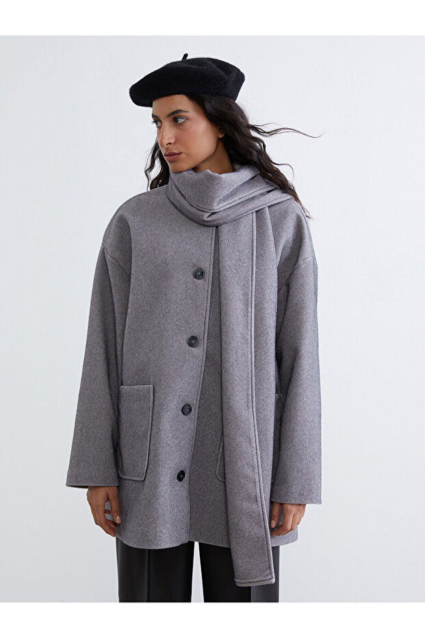 Alita City Lcw Modest Gray Oval Collar Scarf Women's Cashmere Coat with a Difference