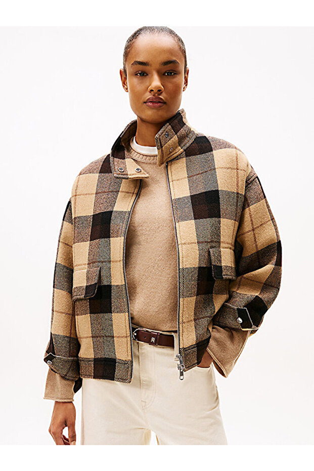 Check Wool Blend Relaxed Harrington Jacket - 1