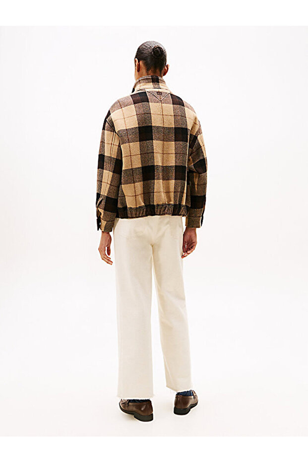 Check Wool Blend Relaxed Harrington Jacket - 6