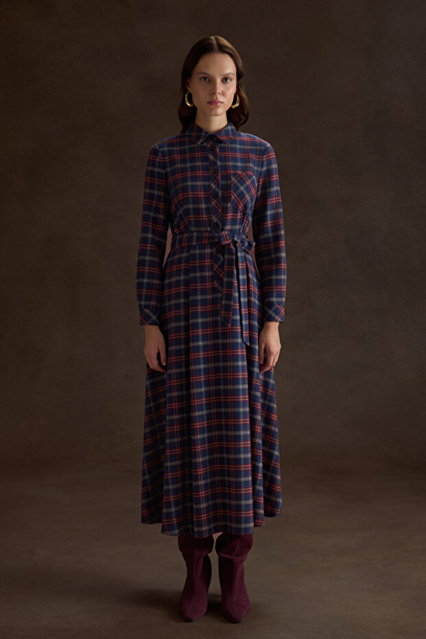 Ekose Desenli Elbise - 1