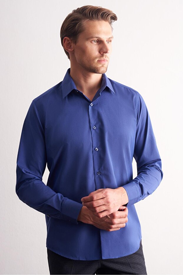 Navy Blue Hard Collar Filafil Pattern Long Sleeve Slim Fit Cotton Shirt 1004255181