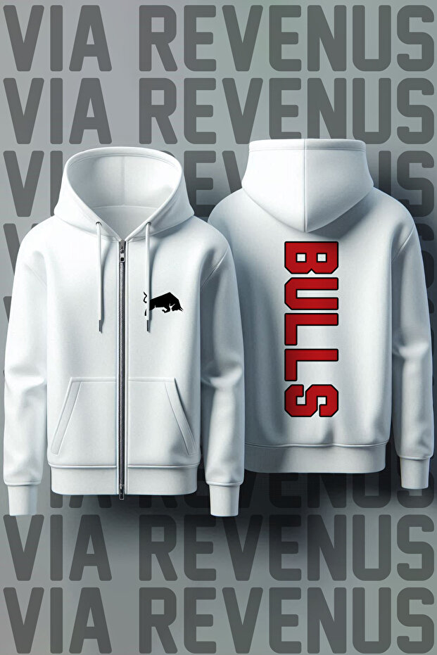 Bulls Front and Back Printed Unisex Zippered Hooded Sweatshirt Cardigan