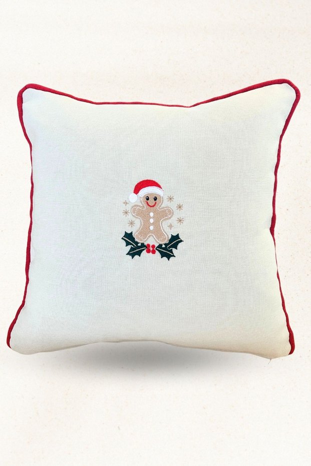 Cookie Embroidered Linen Textured Throw Pillow Cover – Christmas Themed Decorative Pillow